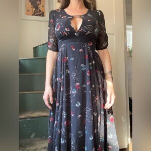 Free People Navy Blue Midi Dress with Nature Accents